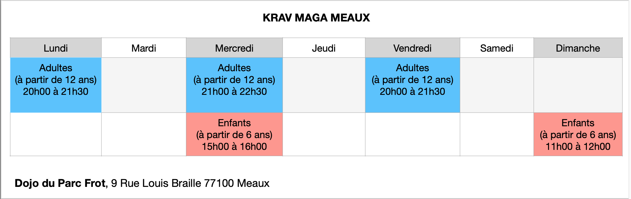 Planning des cours de Krav Maga à Meaux (77) 2022-2023